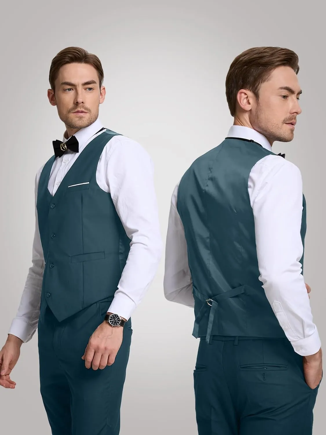 Mens Suits 2 Piece Slim Fit Suit Set V-Neck Solid Vest Pants Wedding Prom Tuxedo Set