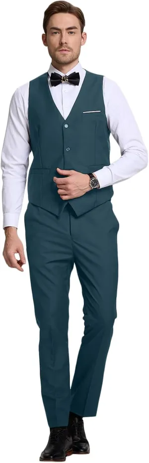 Mens Suits 2 Piece Slim Fit Suit Set V-Neck Solid Vest Pants Wedding Prom Tuxedo Set