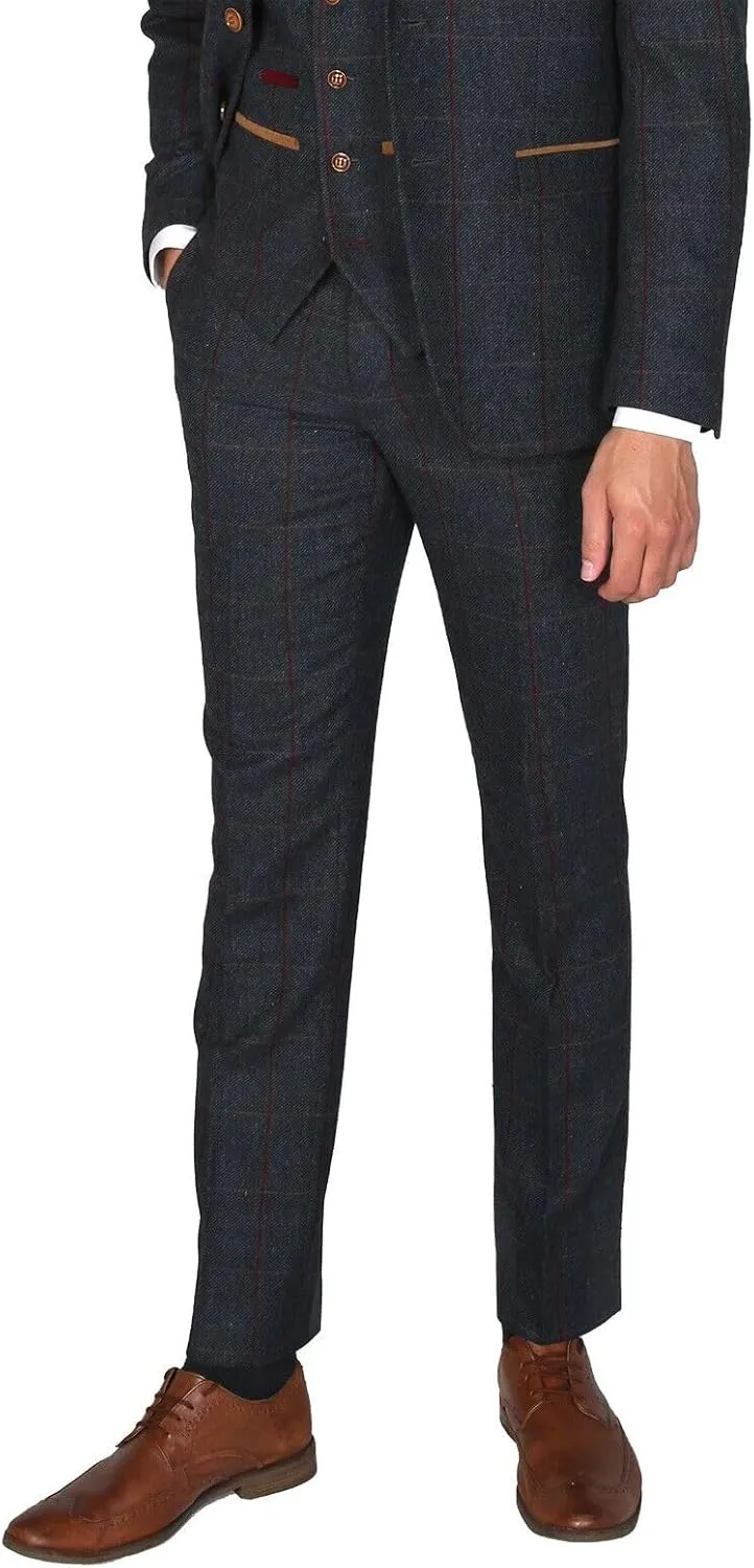 Mens Tweed Herringbone Navy Blue Sold Separately Suit - Wedding Business Tailored Fit 3 Piece Set