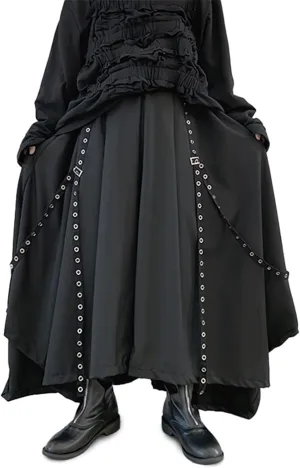 Mens Unisex Hakama Pants with Ring Belt Japanese-Style Wide Leg Gaucho Pants, Unique Big Silhouette with Draped Design, Streetwear Punk Fashion Black