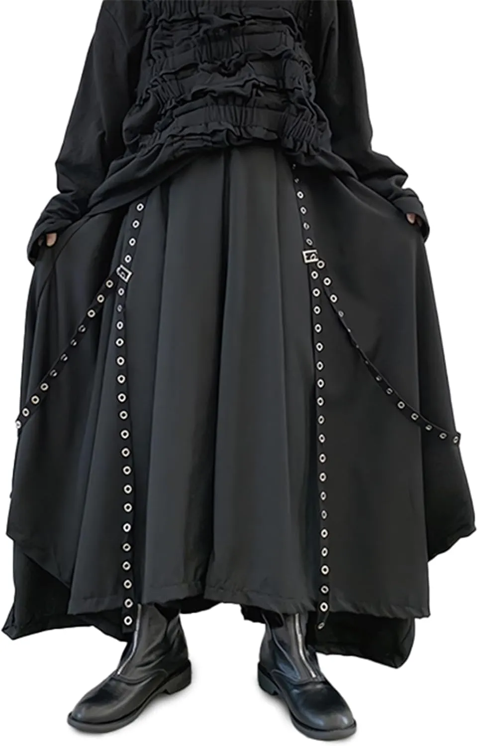 Mens Unisex Hakama Pants with Ring Belt Japanese-Style Wide Leg Gaucho Pants, Unique Big Silhouette with Draped Design, Streetwear Punk Fashion Black
