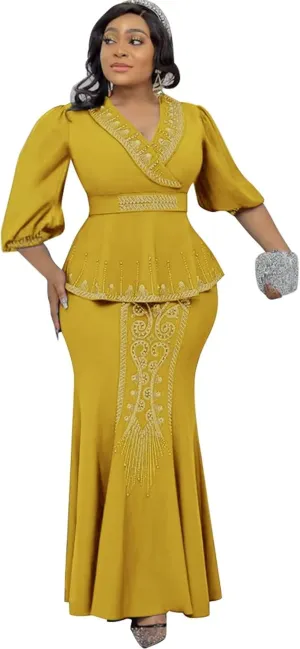 Mermaid Two Pieces Formal Dress for Wedding Guest Puffy Long Sleeves Beaded V Neck African Dresses