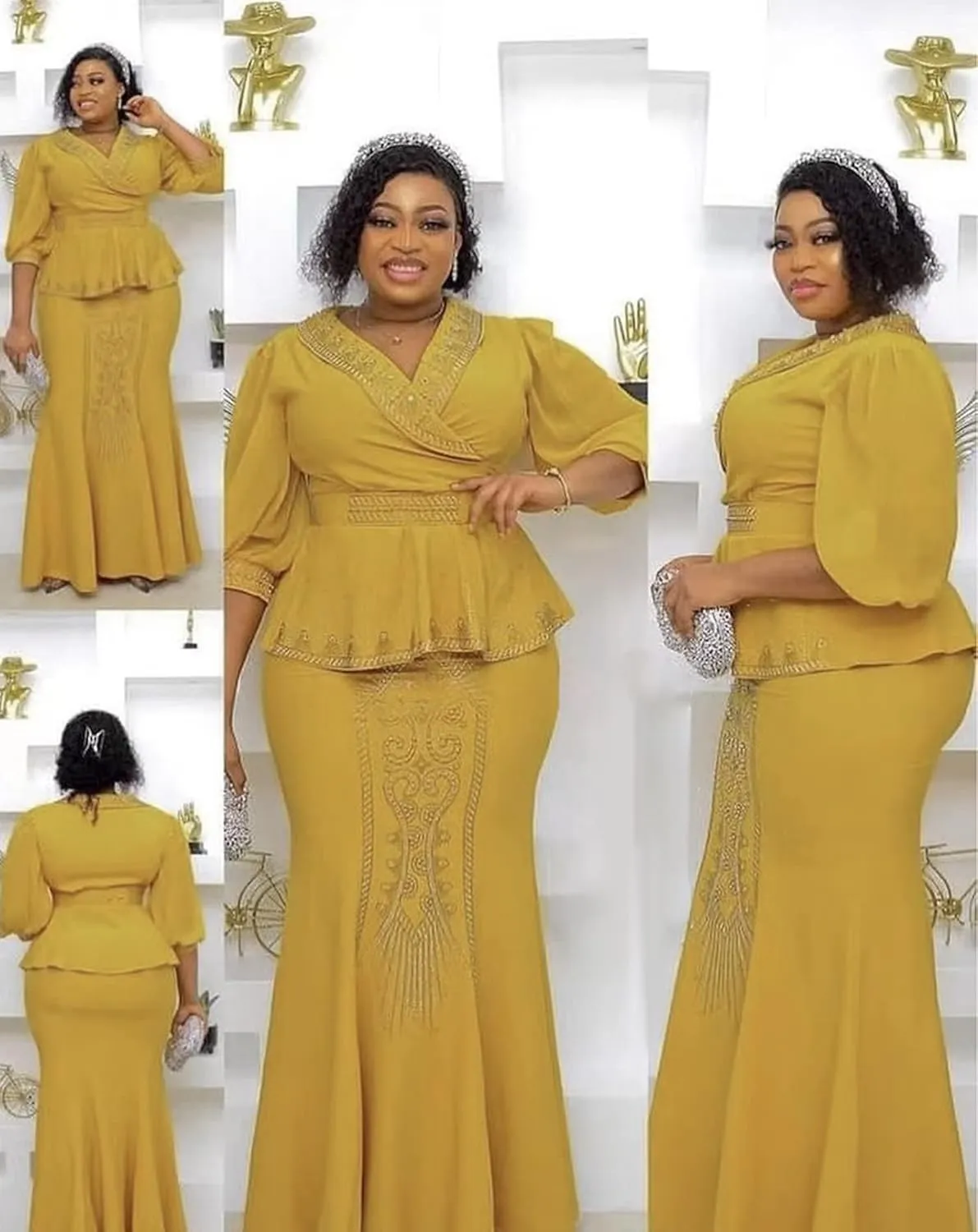 Mermaid Two Pieces Formal Dress for Wedding Guest Puffy Long Sleeves Beaded V Neck African Dresses
