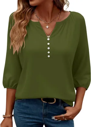 Micoson Womens 3/4 Sleeve Tops Dressy Casual V Neck Chiffon Work Blouses Loose Fit Business Button Down Shirts