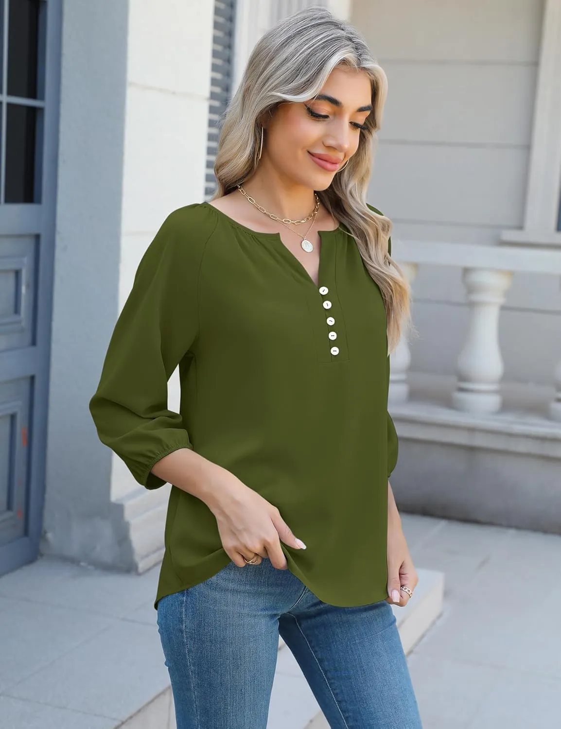 Micoson Womens 3/4 Sleeve Tops Dressy Casual V Neck Chiffon Work Blouses Loose Fit Business Button Down Shirts