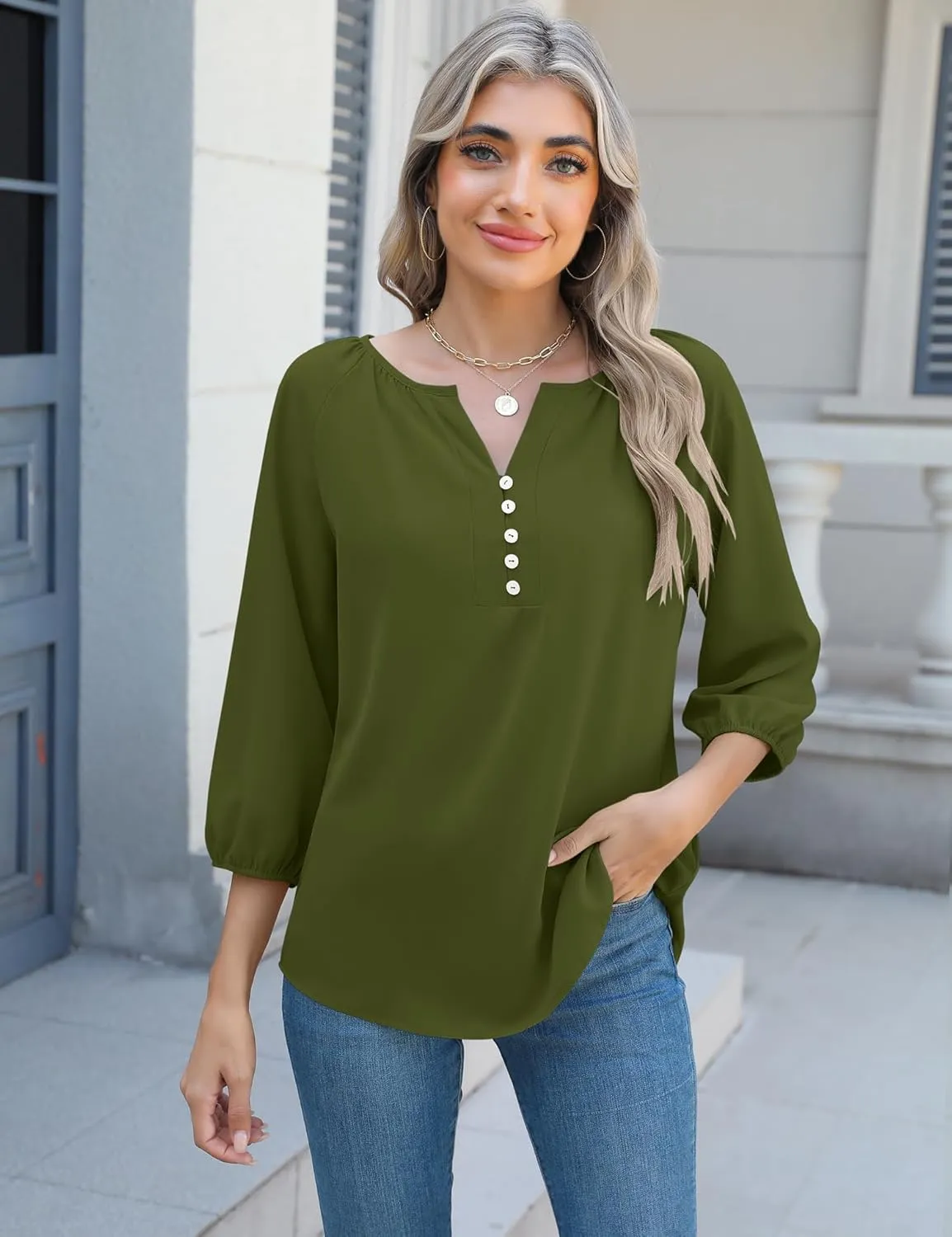 Micoson Womens 3/4 Sleeve Tops Dressy Casual V Neck Chiffon Work Blouses Loose Fit Business Button Down Shirts