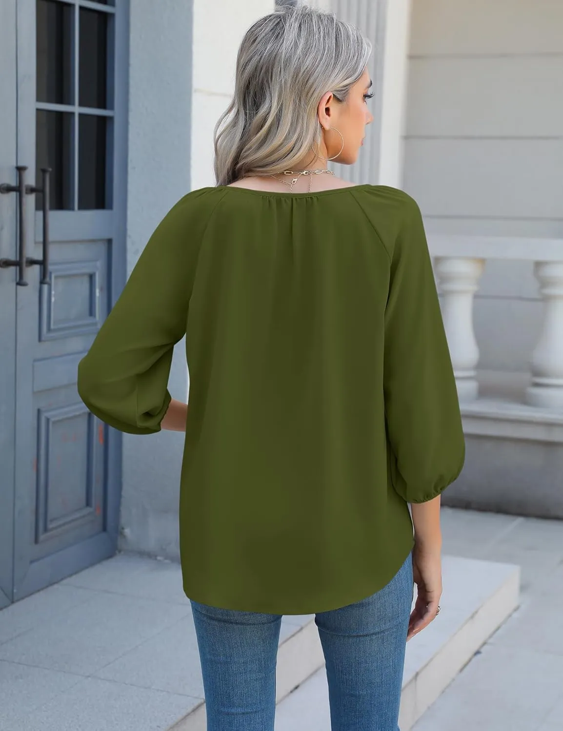 Micoson Womens 3/4 Sleeve Tops Dressy Casual V Neck Chiffon Work Blouses Loose Fit Business Button Down Shirts