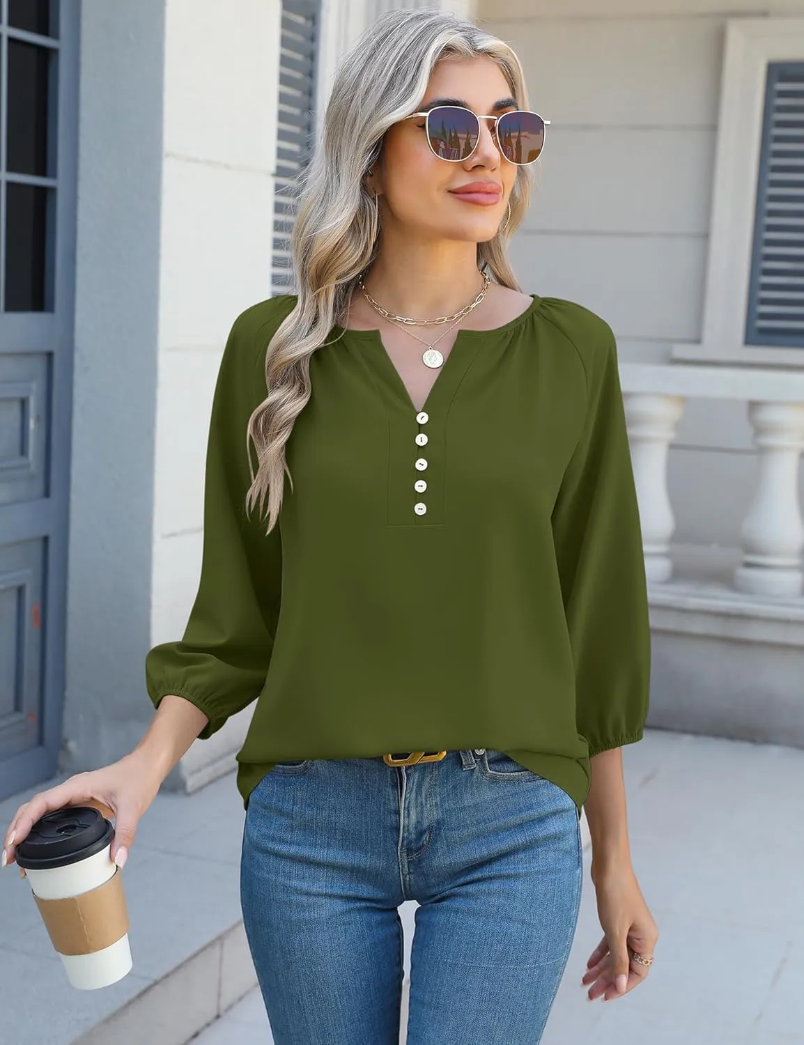 Micoson Womens 3/4 Sleeve Tops Dressy Casual V Neck Chiffon Work Blouses Loose Fit Business Button Down Shirts
