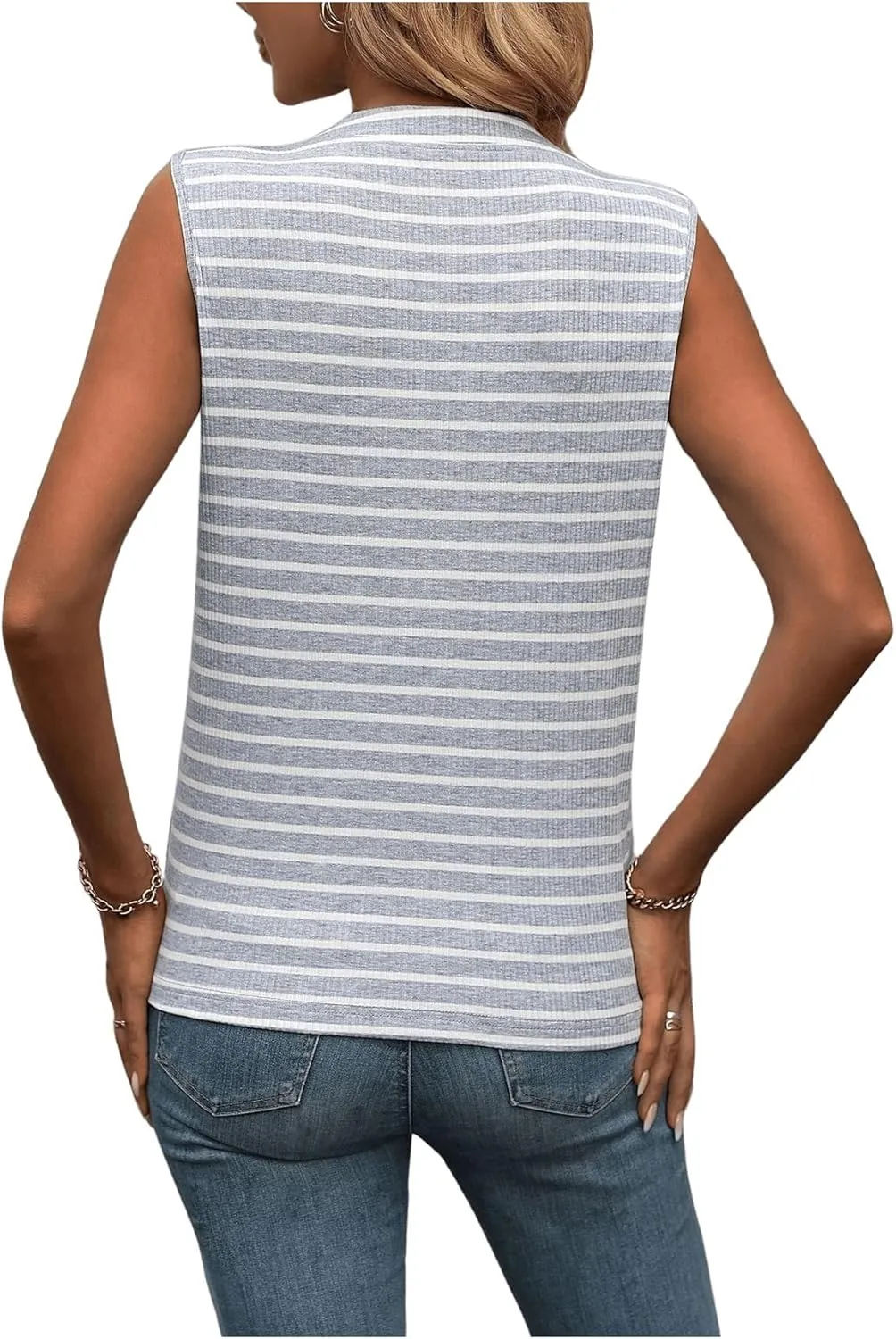 Milumia Women Sleeveless Striped Shirts V Neck Half Button Business Casual Tank Tops