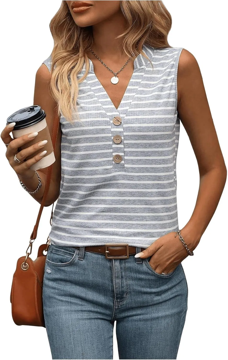 Milumia Women Sleeveless Striped Shirts V Neck Half Button Business Casual Tank Tops