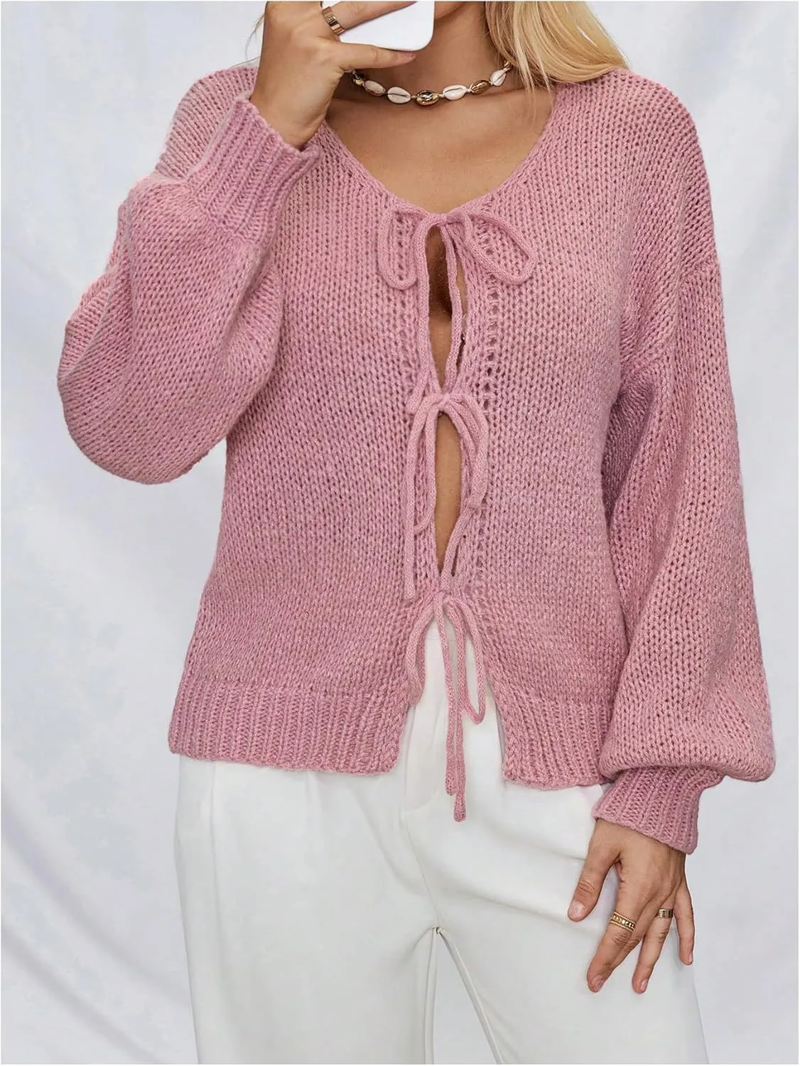 Milumia Women Y2k Tie Front Oversized Knitted Cardigan Open Front Knitwear Sweater Cardigans