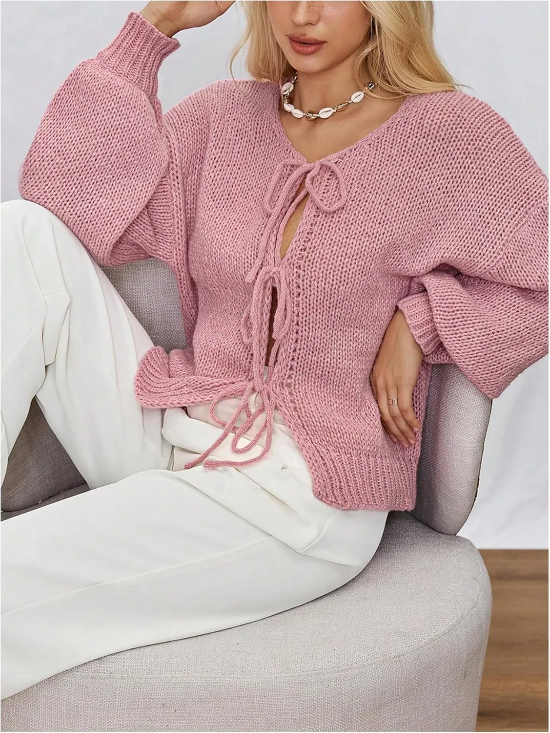 Milumia Women Y2k Tie Front Oversized Knitted Cardigan Open Front Knitwear Sweater Cardigans
