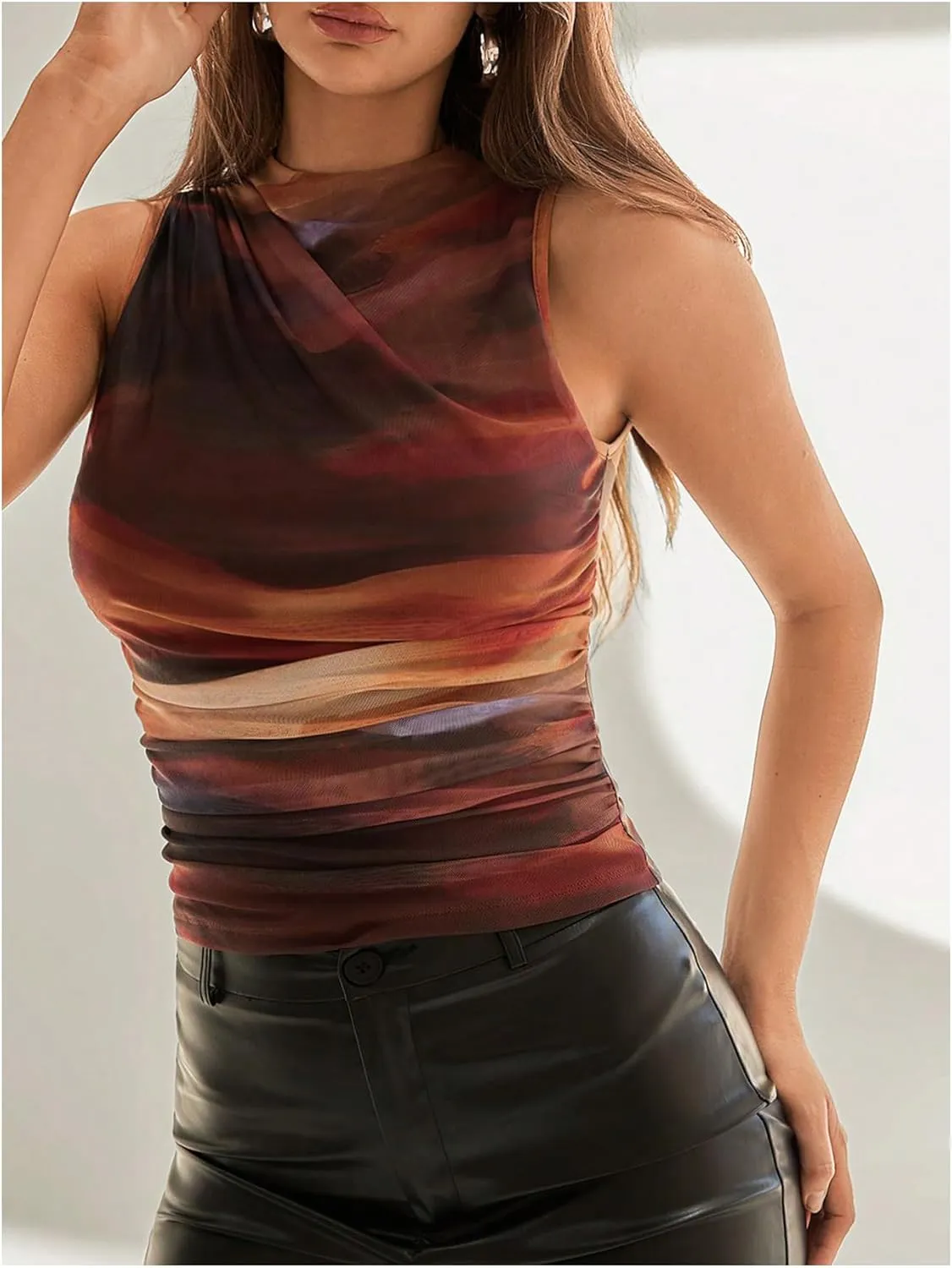 Milumia Women's Tie Dye Mock Neck Mesh Tank Tops Ruched Sleeveless Shirts