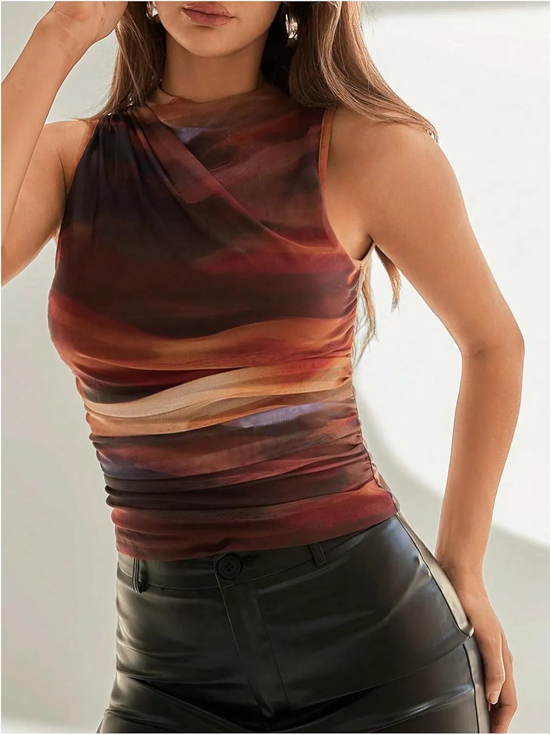 Milumia Women's Tie Dye Mock Neck Mesh Tank Tops Ruched Sleeveless Shirts