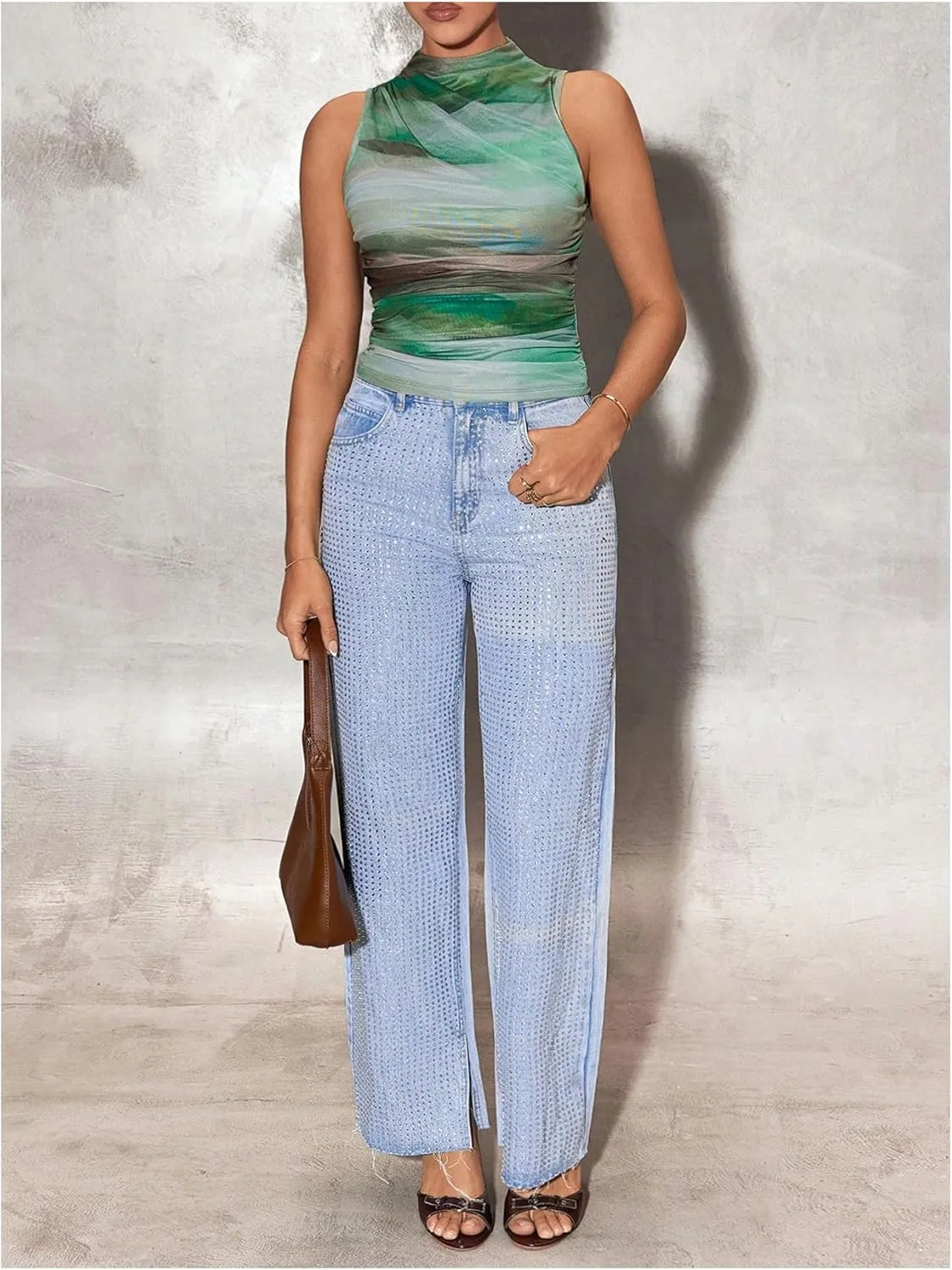 Milumia Women's Tie Dye Mock Neck Mesh Tank Tops Ruched Sleeveless Shirts