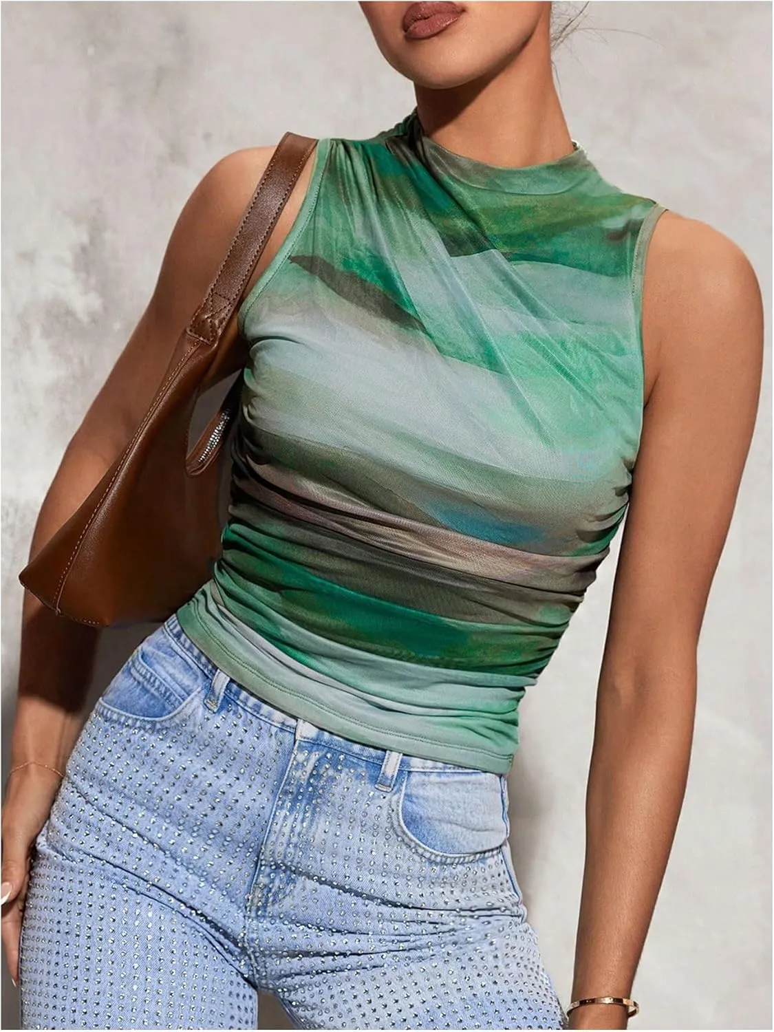Milumia Women's Tie Dye Mock Neck Mesh Tank Tops Ruched Sleeveless Shirts