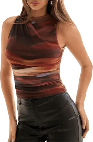 Milumia Women's Tie Dye Mock Neck Mesh Tank Tops Ruched Sleeveless Shirts