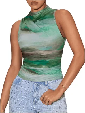Milumia Women's Tie Dye Mock Neck Mesh Tank Tops Ruched Sleeveless Shirts