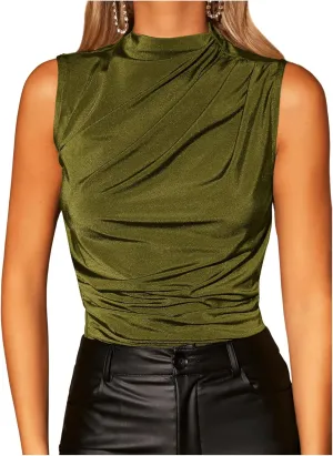 Milumia Women's Tie Dye Mock Neck Mesh Tank Tops Ruched Sleeveless Shirts