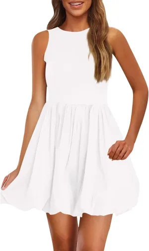 Mini Dress for Women Bubble Sundress Sleeveless Ruffle Hem Dresses High Waist Solid Color Tank Mini Dresses 2025