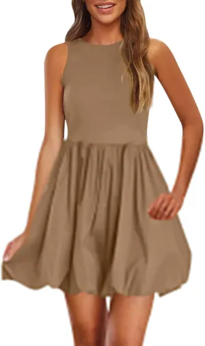 Mini Dress for Women Bubble Sundress Sleeveless Ruffle Hem Dresses High Waist Solid Color Tank Mini Dresses 2025