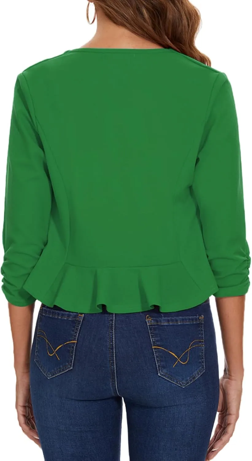 MINTLIMIT Cropped Blazer for Women 3/4 Ruched Sleeve Collarless Open Front Casual Work Office Cardigan Suit Jacket