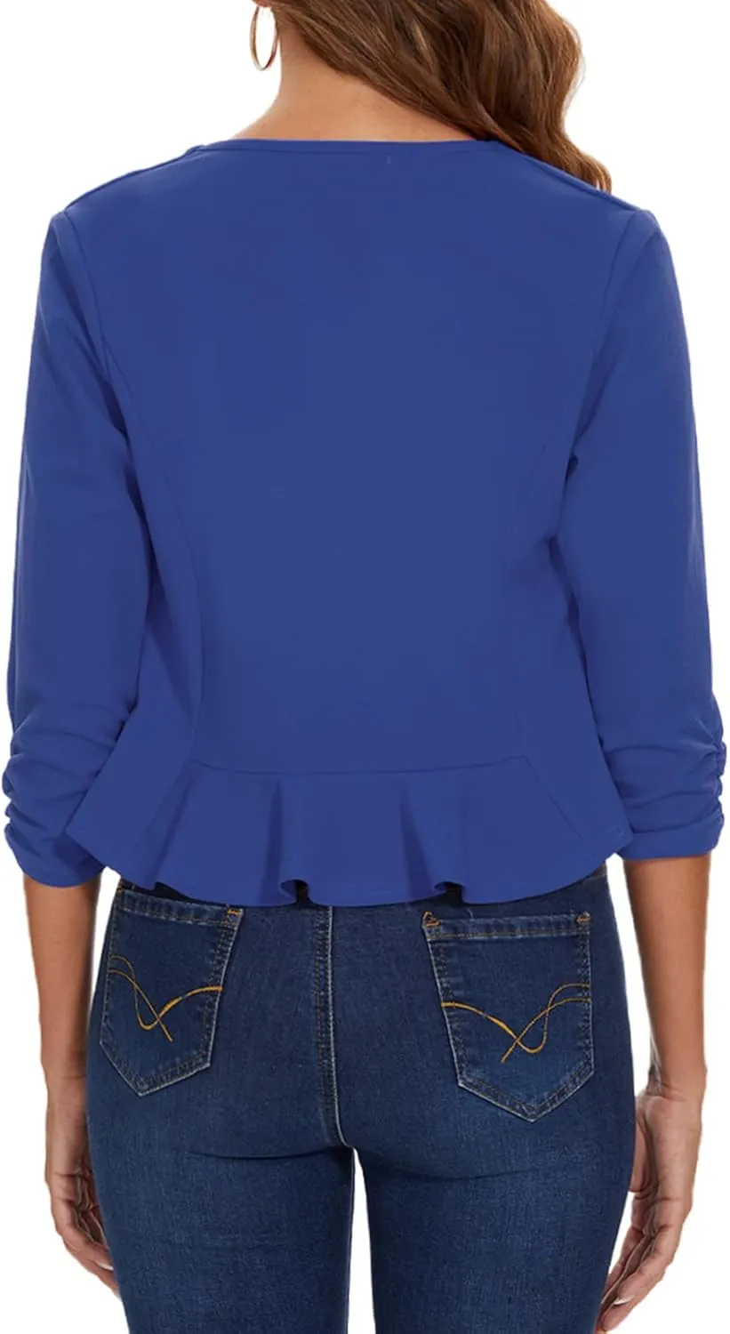 MINTLIMIT Cropped Blazer for Women 3/4 Ruched Sleeve Collarless Open Front Casual Work Office Cardigan Suit Jacket