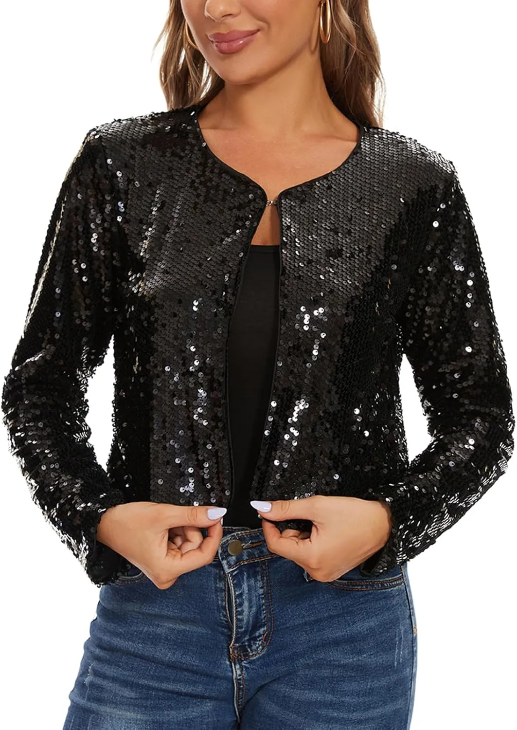 MINTLIMIT Women's Sequin Jacket Long Sleeve Open Front Sparkly Shrugs Glitter Cropped Bolero Cardigans