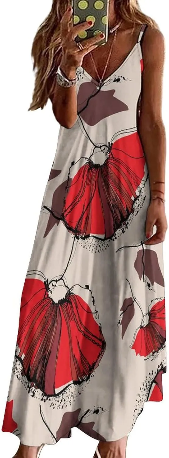 MoBlinko Red Poppies Spaghetti Strap Dresses for Women Summer Casual Sleeveless V Neck Long Maxi Dress Sundress