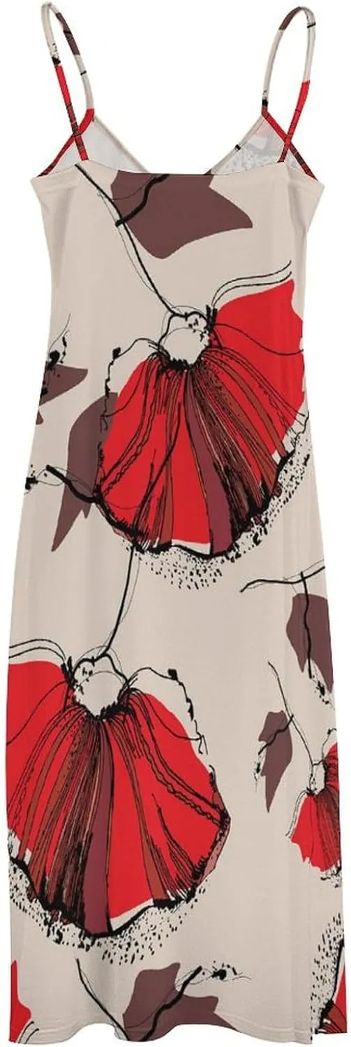 MoBlinko Red Poppies Spaghetti Strap Dresses for Women Summer Casual Sleeveless V Neck Long Maxi Dress Sundress