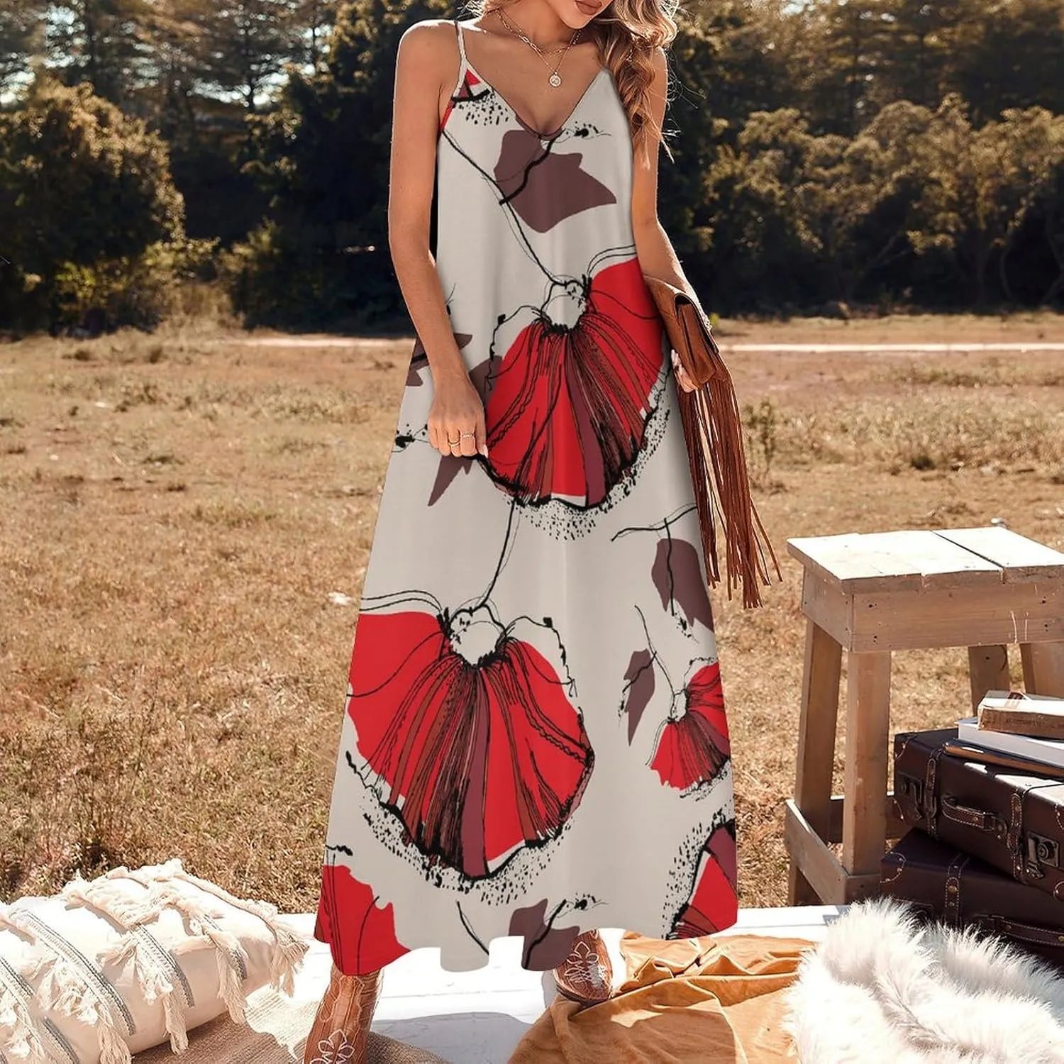 MoBlinko Red Poppies Spaghetti Strap Dresses for Women Summer Casual Sleeveless V Neck Long Maxi Dress Sundress