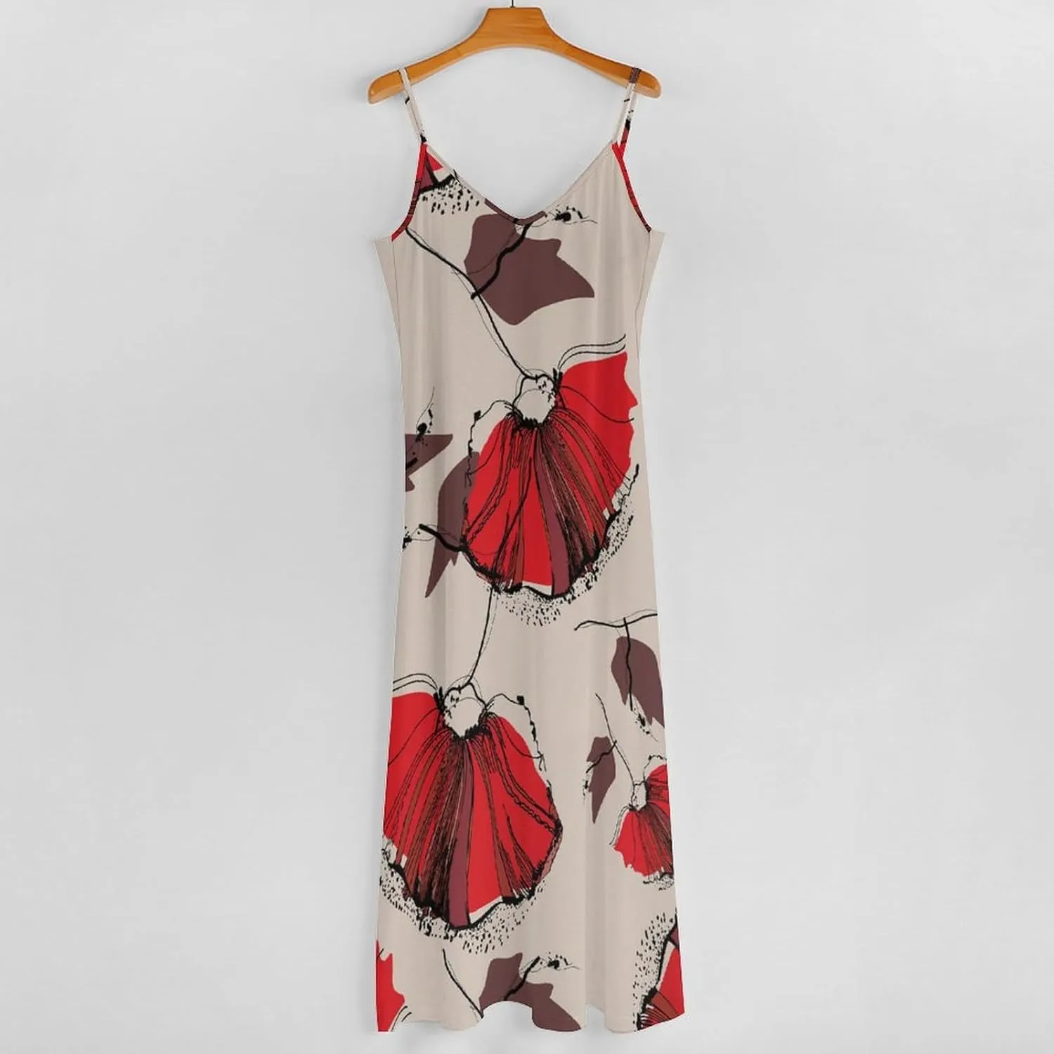 MoBlinko Red Poppies Spaghetti Strap Dresses for Women Summer Casual Sleeveless V Neck Long Maxi Dress Sundress