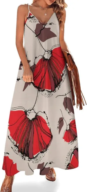 MoBlinko Red Poppies Spaghetti Strap Dresses for Women Summer Casual Sleeveless V Neck Long Maxi Dress Sundress