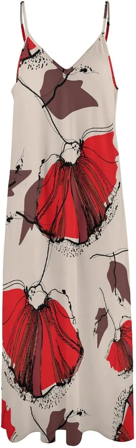 MoBlinko Red Poppies Spaghetti Strap Dresses for Women Summer Casual Sleeveless V Neck Long Maxi Dress Sundress