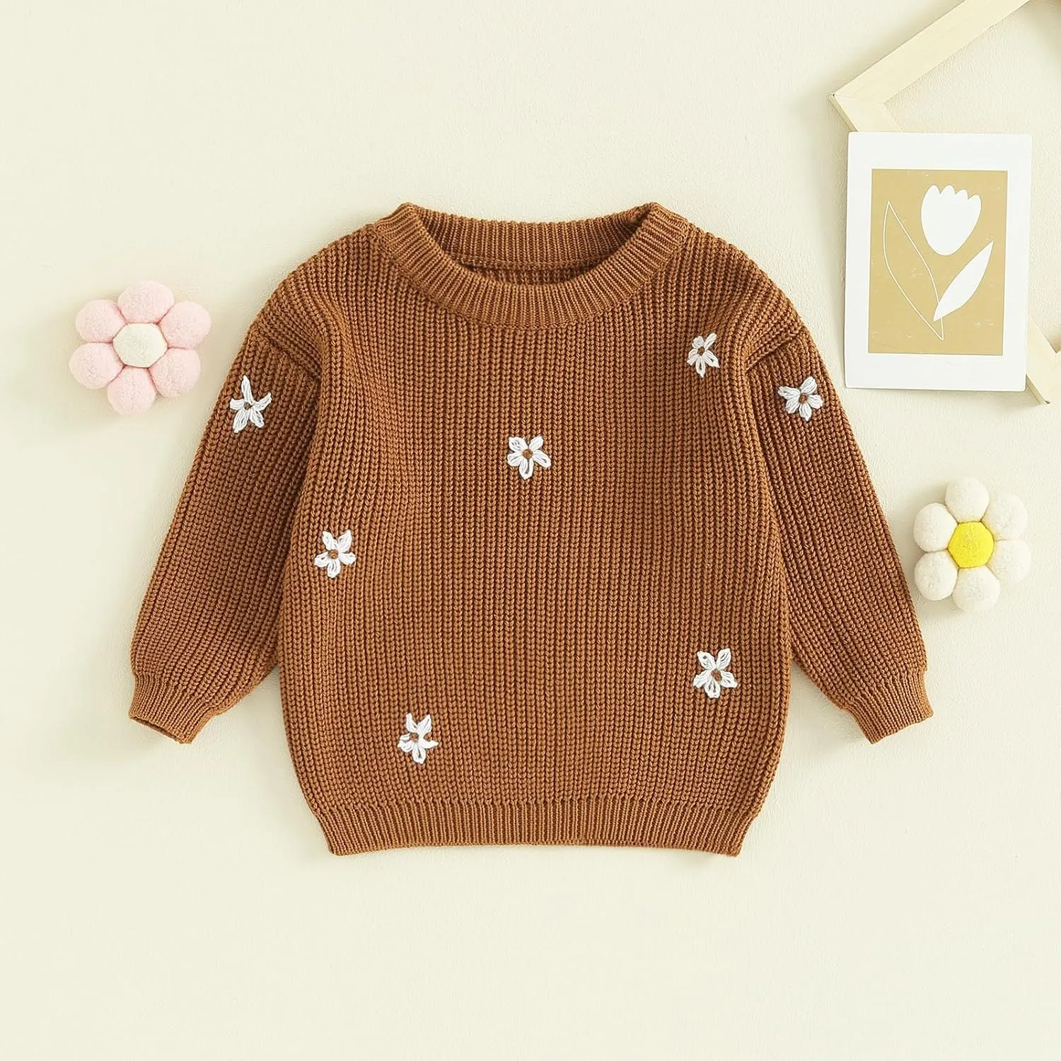 Mubineo Baby Girl Winter Clothes Cute Flower Sweater Crewneck Pullover Long Sleeve Knit Newborn Infant Sweaters