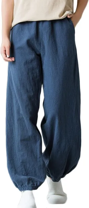 NFYM Women Cotton Linen Pants Elastic Waistband Wide Leg Tapered Harem Long Bloomer Trousers with Pockets