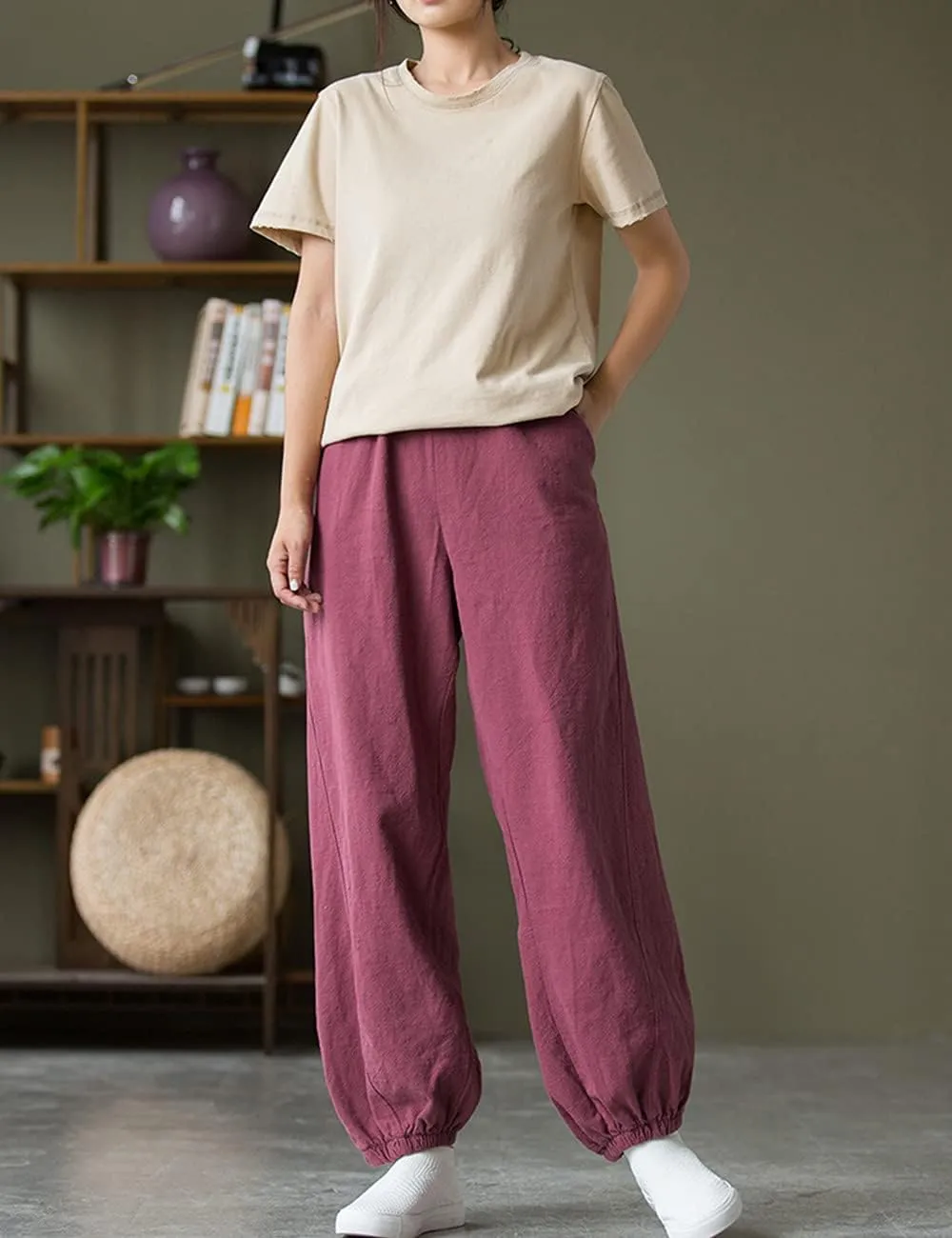 NFYM Women Cotton Linen Pants Elastic Waistband Wide Leg Tapered Harem Long Bloomer Trousers with Pockets