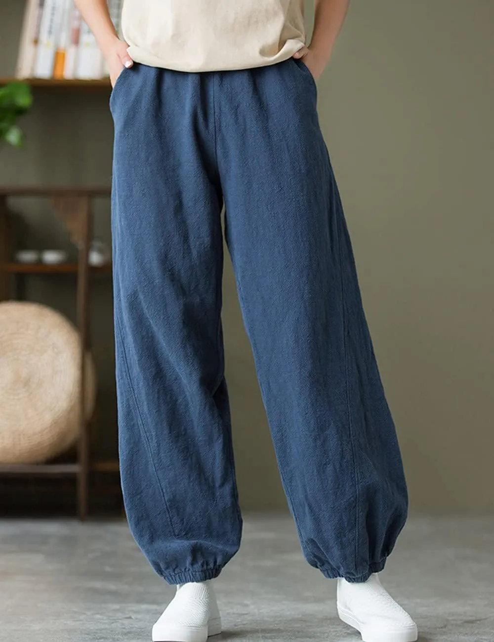 NFYM Women Cotton Linen Pants Elastic Waistband Wide Leg Tapered Harem Long Bloomer Trousers with Pockets