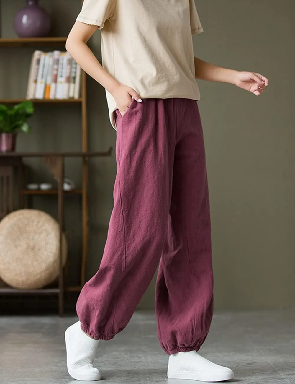 NFYM Women Cotton Linen Pants Elastic Waistband Wide Leg Tapered Harem Long Bloomer Trousers with Pockets