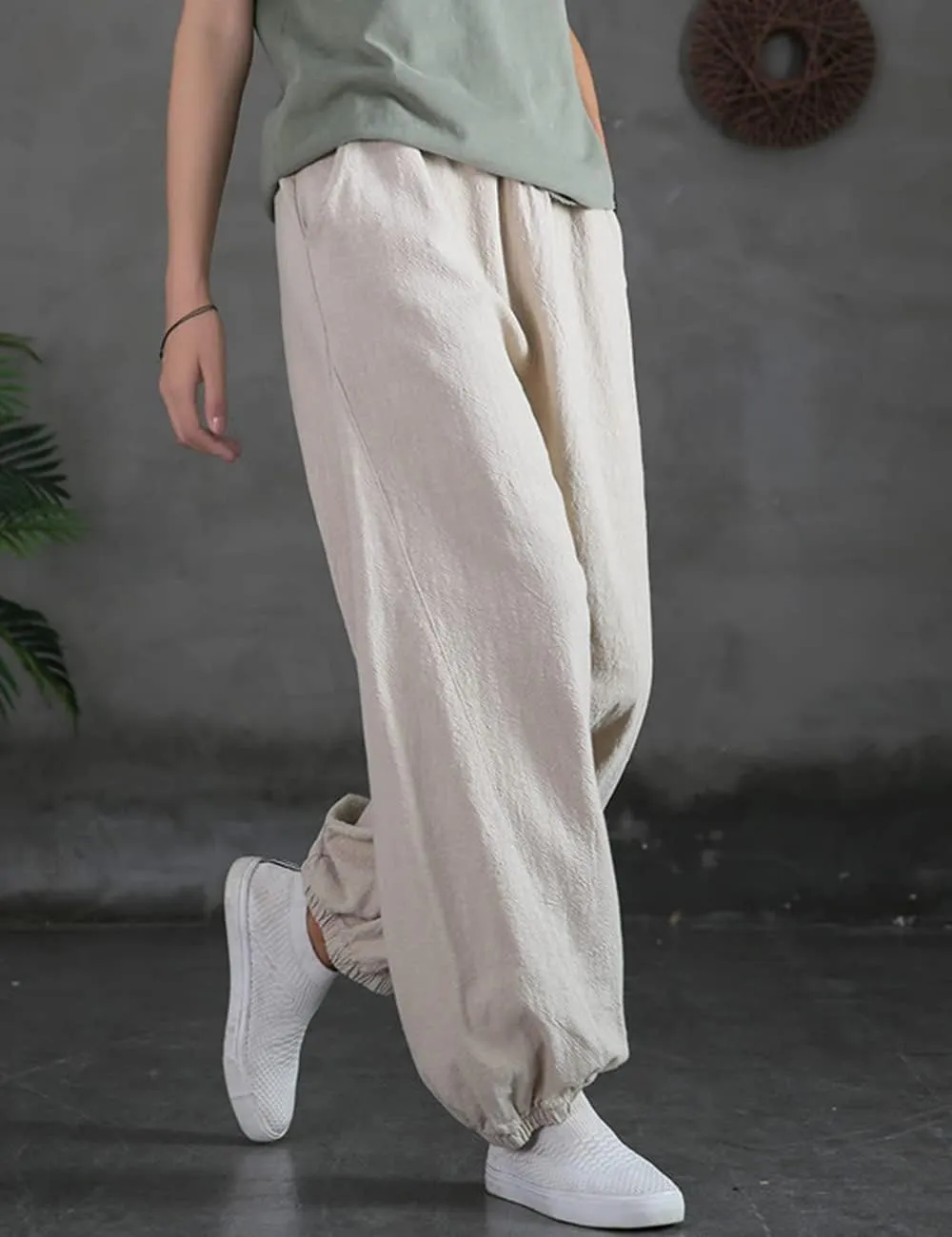 NFYM Women Cotton Linen Pants Elastic Waistband Wide Leg Tapered Harem Long Bloomer Trousers with Pockets
