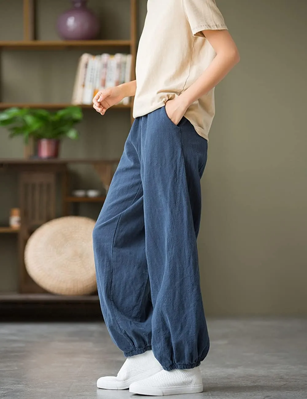 NFYM Women Cotton Linen Pants Elastic Waistband Wide Leg Tapered Harem Long Bloomer Trousers with Pockets