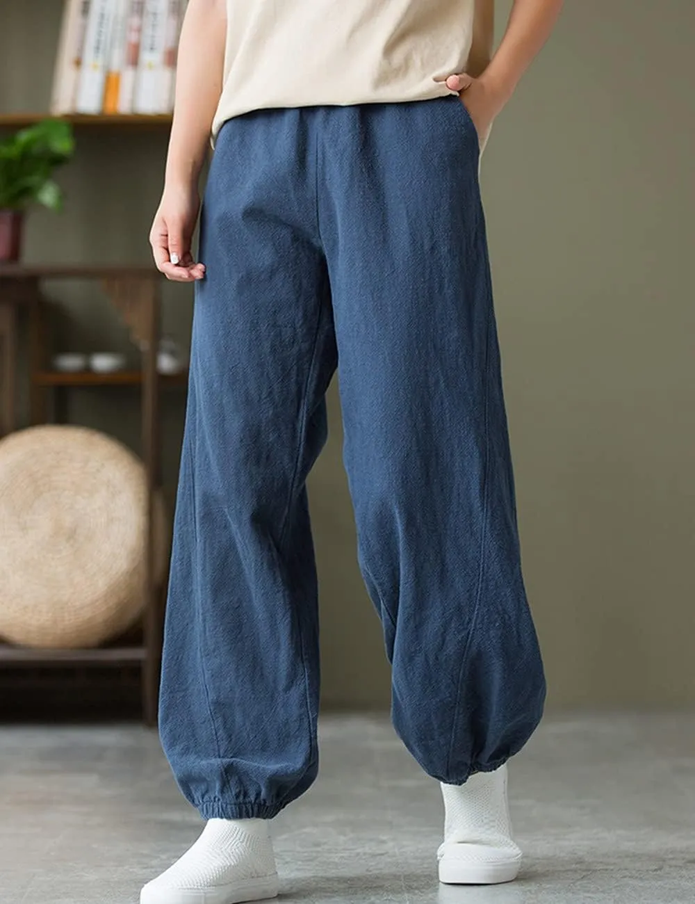 NFYM Women Cotton Linen Pants Elastic Waistband Wide Leg Tapered Harem Long Bloomer Trousers with Pockets