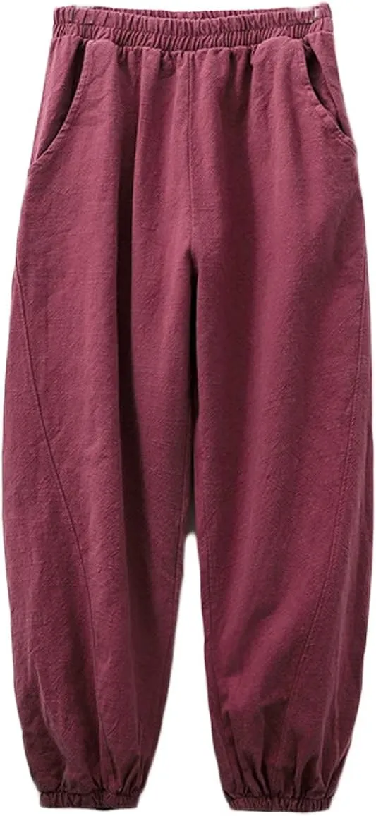 NFYM Women Cotton Linen Pants Elastic Waistband Wide Leg Tapered Harem Long Bloomer Trousers with Pockets