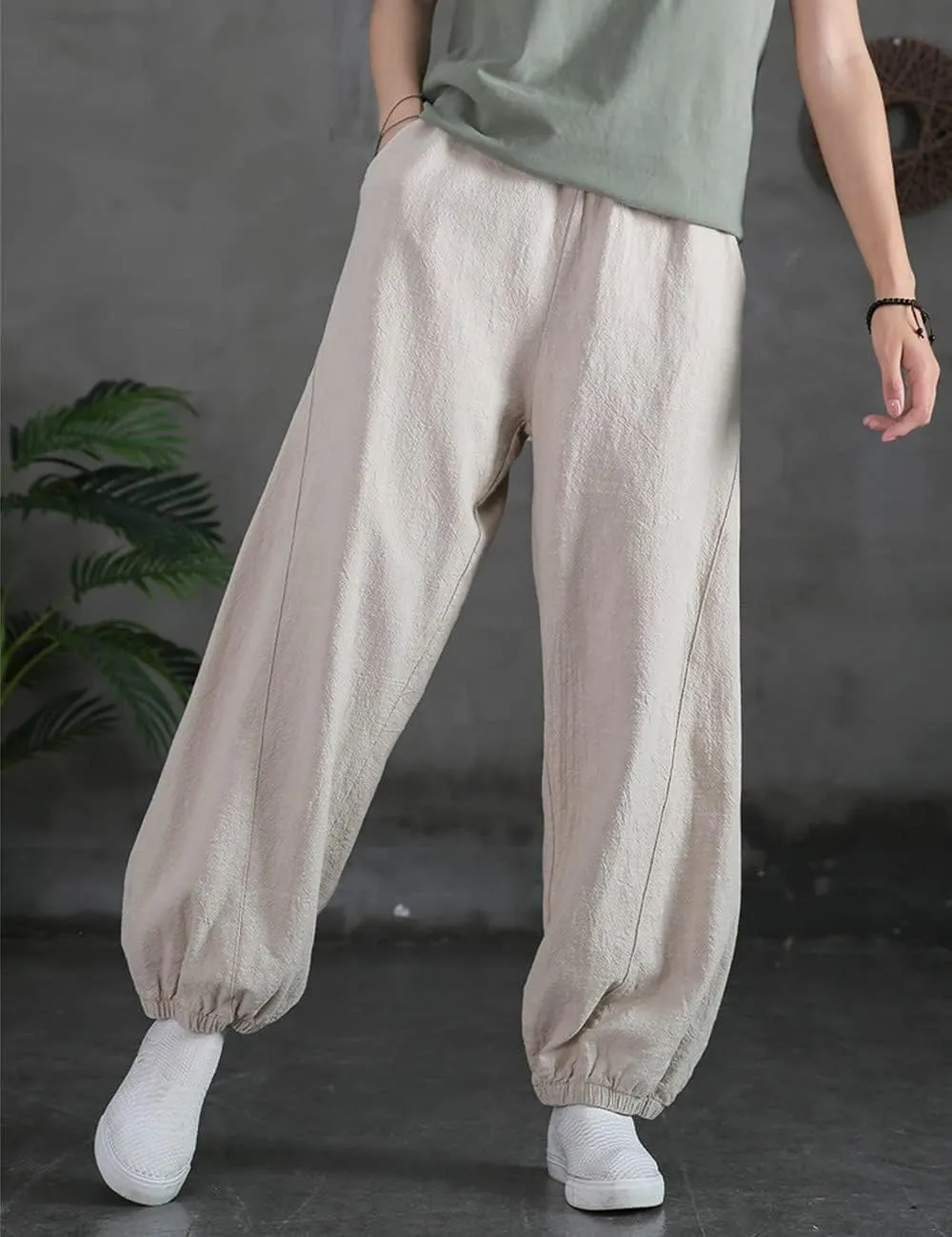 NFYM Women Cotton Linen Pants Elastic Waistband Wide Leg Tapered Harem Long Bloomer Trousers with Pockets