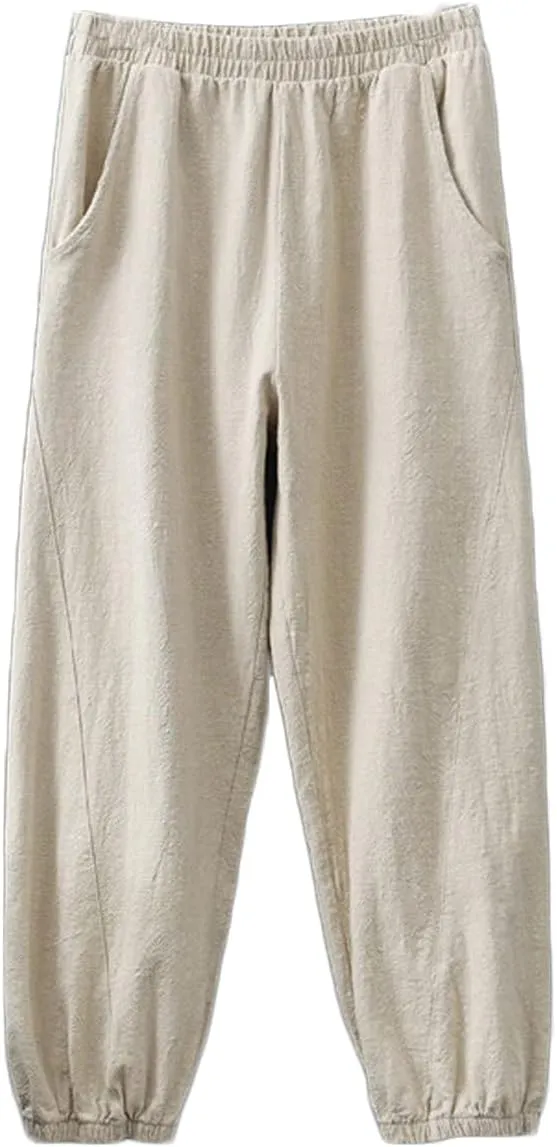 NFYM Women Cotton Linen Pants Elastic Waistband Wide Leg Tapered Harem Long Bloomer Trousers with Pockets