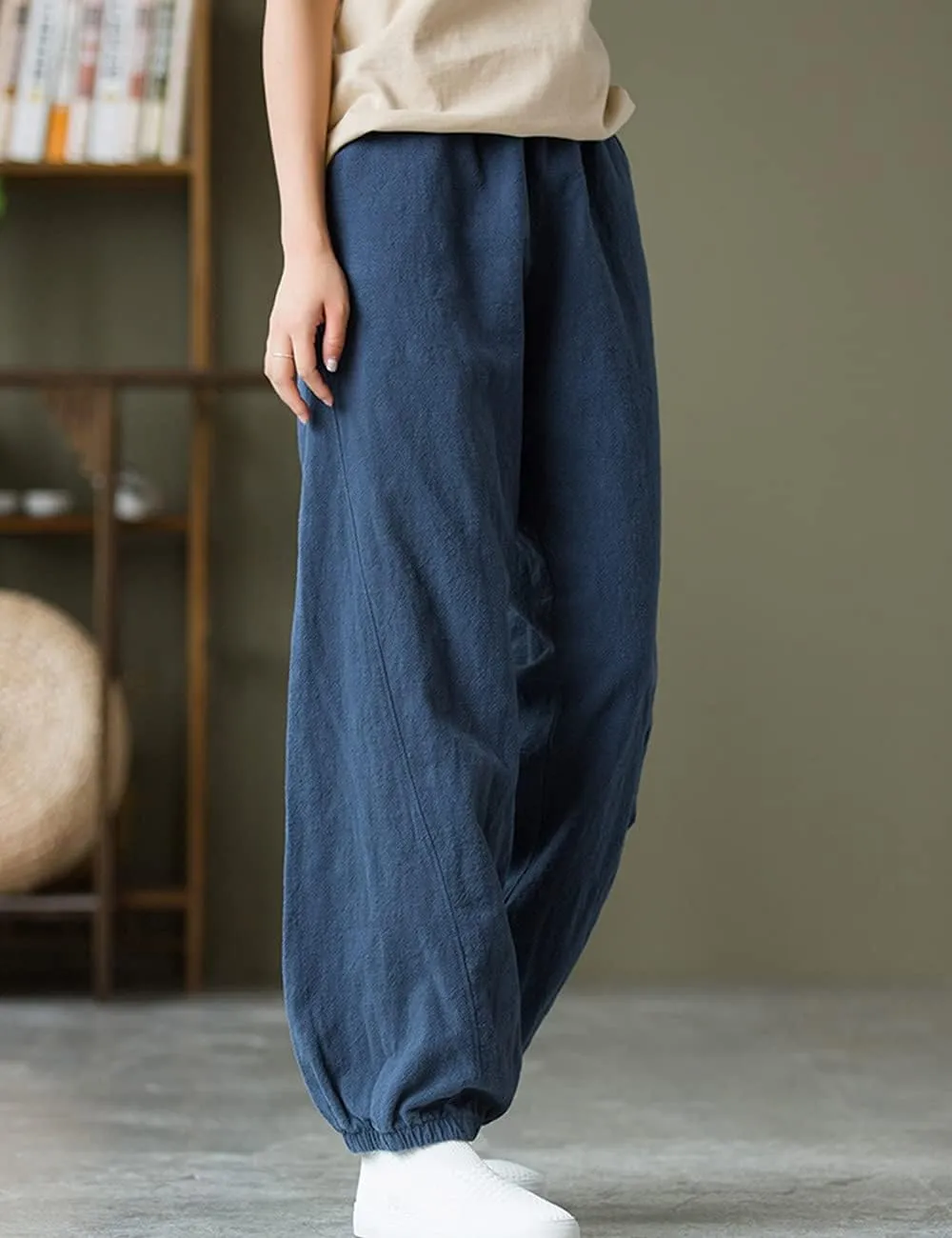 NFYM Women Cotton Linen Pants Elastic Waistband Wide Leg Tapered Harem Long Bloomer Trousers with Pockets