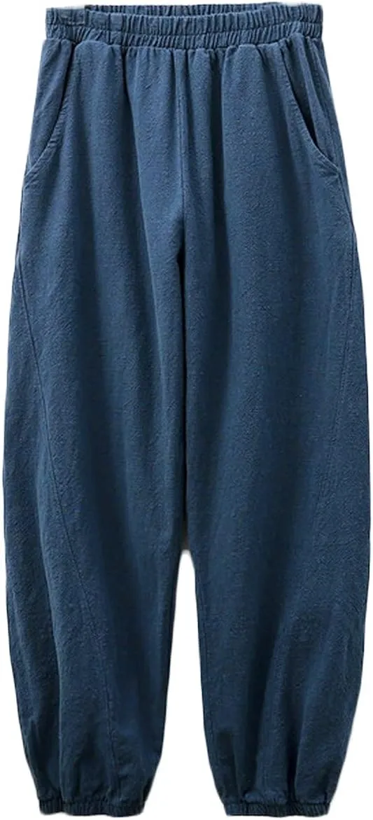 NFYM Women Cotton Linen Pants Elastic Waistband Wide Leg Tapered Harem Long Bloomer Trousers with Pockets
