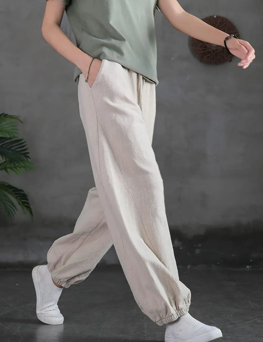 NFYM Women Cotton Linen Pants Elastic Waistband Wide Leg Tapered Harem Long Bloomer Trousers with Pockets