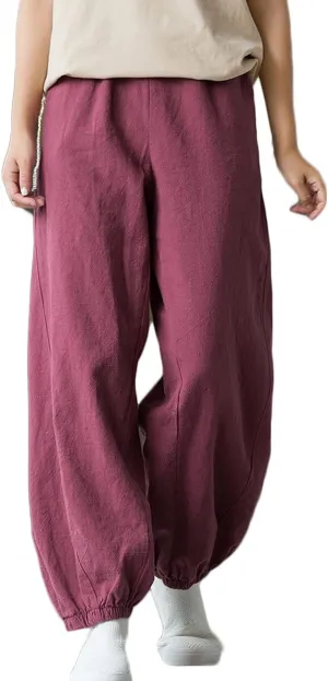 NFYM Women Cotton Linen Pants Elastic Waistband Wide Leg Tapered Harem Long Bloomer Trousers with Pockets