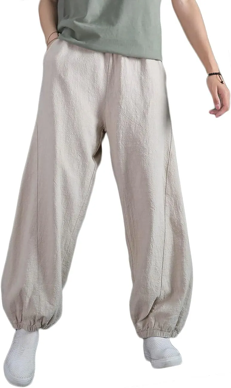 NFYM Women Cotton Linen Pants Elastic Waistband Wide Leg Tapered Harem Long Bloomer Trousers with Pockets